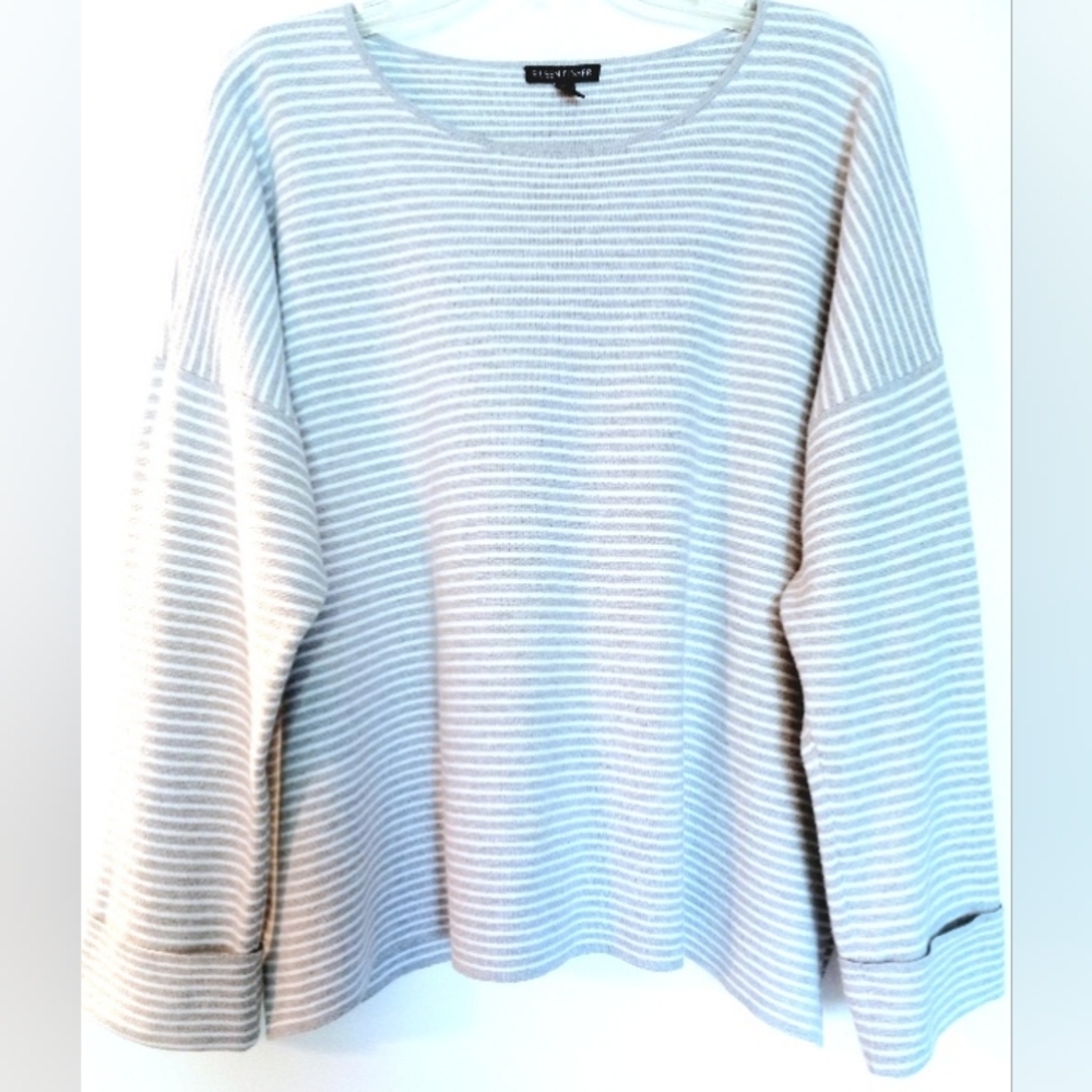 EILEEN FISHER Relaxed Gray and White Boxy Cotton/Silk Knit Pullover Size Large